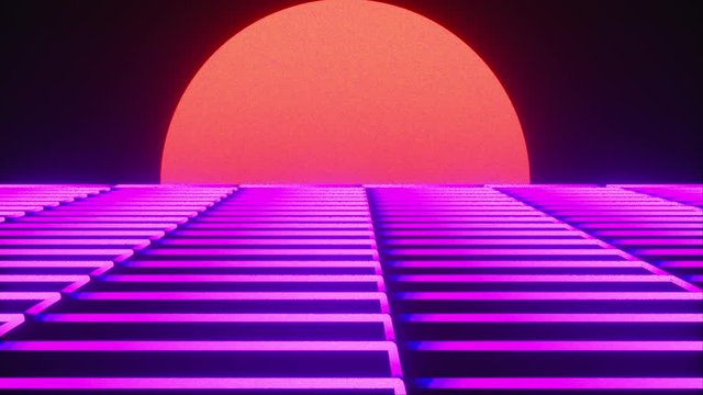Futuristic neon landscape of the 80 s. Computer generated futuristic sun in retro style. Digital retro cyber surface. 3D rendering abstract background.