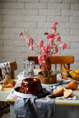 Whole Grain Pear cake with Caramel Glaze .selective focus.