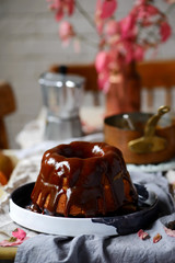Whole Grain Pear cake with Caramel Glaze .selective focus.