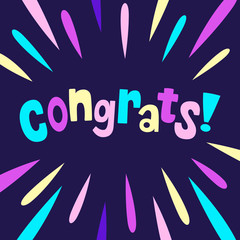 Vector illustration of a Graduation card design featuring hand drawn lettering in a colourful burst design - Congrats!