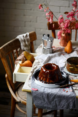 Whole Grain Pear cake with Caramel Glaze .selective focus.