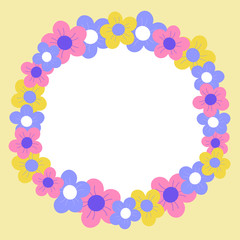 Vector illustration of a bright floral wreath frame with purple, yellow and pink flowers.