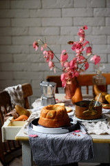 Whole Grain Pear cake with Caramel Glaze .selective focus.