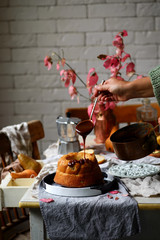 Whole Grain Pear cake with Caramel Glaze .selective focus.