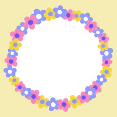 Vector illustration of a bright floral wreath frame with purple, yellow and pink flowers.