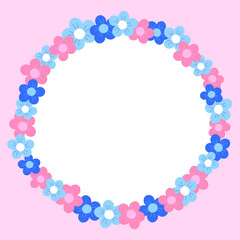 Vector illustration of a bright floral wreath frame with pink and blue flowers.