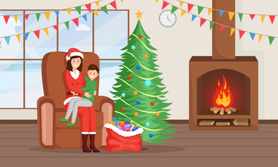 Obraz na płótnie Canvas Christmas, New Year traditions flat illustration. Female Santa Claus in costume, glad boy waiting present cartoon characters. Winter holidays mood, New Year tree, gift sack, child dream
