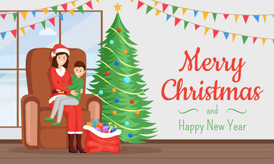 Xmas holiday greeting card flat template. Woman in Santa Claus costume, little boy telling verse cartoon characters. Merry Christmas and Happy New Year postcard, banner, poster layout