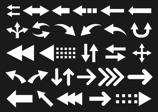 Vector set of arrow shapes isolated on black..