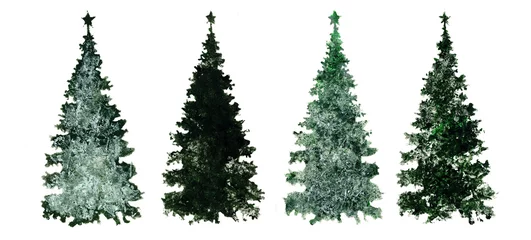 Set of green fir trees. Collection of colorful trees for creating greeting cards. Set of stylish Christmas trees, elements for design, acrylic and watercolor. © Алексей Панчин