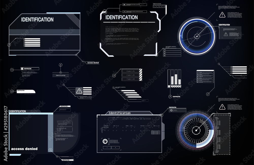 Poster Warning frame. Abstract tech design. Technology design HUD UI GUI futuristic user interface screen elements set. High tech screen for video game. Sci-fi concept design. Vector abstract graphic design.