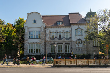 Fototapeta premium Budapest, Hungary - October 01, 2019: Budapest streets and beautiful buildings. Andrassy Avenue (Hungarian: Andrássy út) is a boulevard in Budapest, Hungary, dating back to 1872.