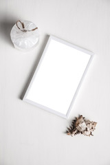 Photo frame with a white background decorated in a marine style.  White photo frame with a shell with a place for your photo