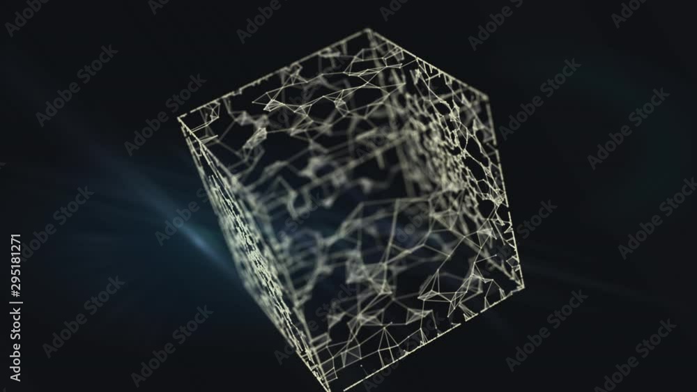 Poster world network inside transparent cyber cube on black.