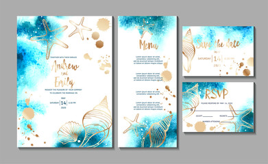 Wedding invitation card with abstract watercolor background and gold seashells. Menu card, Save the Date and RSVP card templates - obrazy, fototapety, plakaty