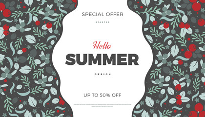 Summer commercial banner. Flowers, leaves and berries retro style background, cute vintage colors vector template