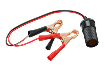 Car socket with battery clamps isolated on a white background. Used to directly connect equipment in the car to the battery.