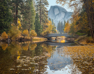 Fall Season in Yosemite Valley with Half Dome Reflection and Sentinel Bridge