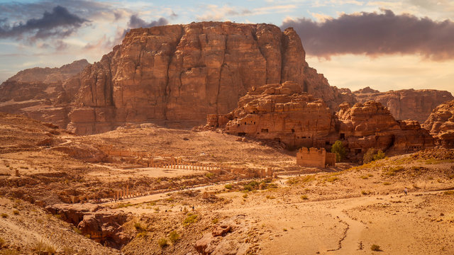 Scenic view of the city center of Petra with the Colonnaded Street, the Great Temple and Qasar-al-bint under Jebal Habis and Umm al-Biyara mountains, Petra, Jordan