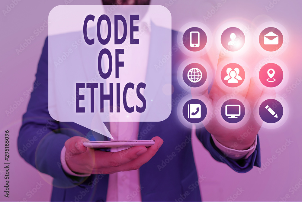 Poster conceptual hand writing showing code of ethics. concept meaning basic guide for professional conduct