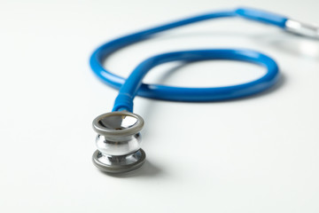 Stethoscope on white background, space for text and close up