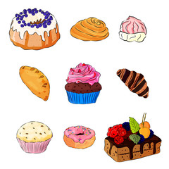 Set of delicious cakes. Cartoon vector illustration.