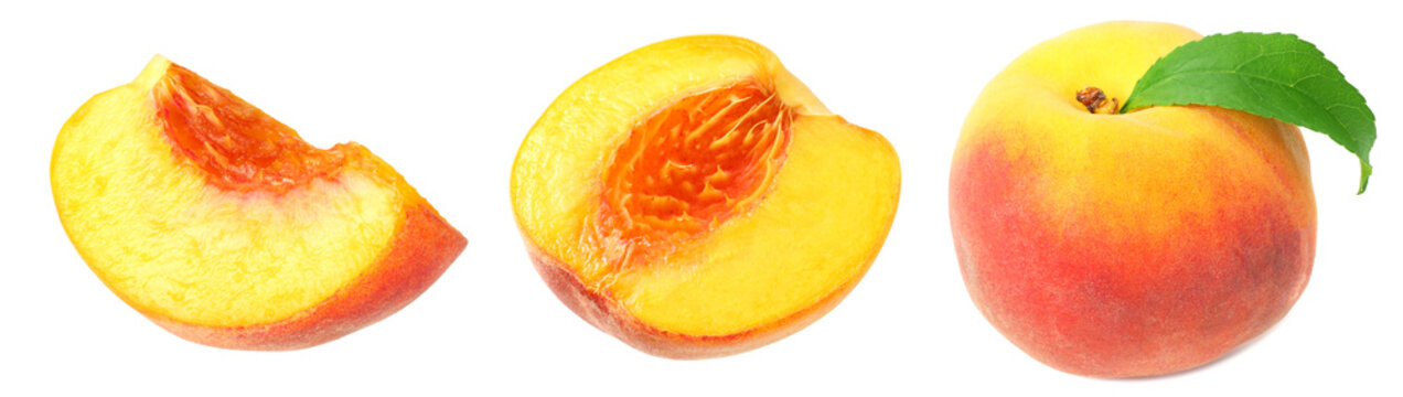 Peach Fruit Slices Isolated On White Background