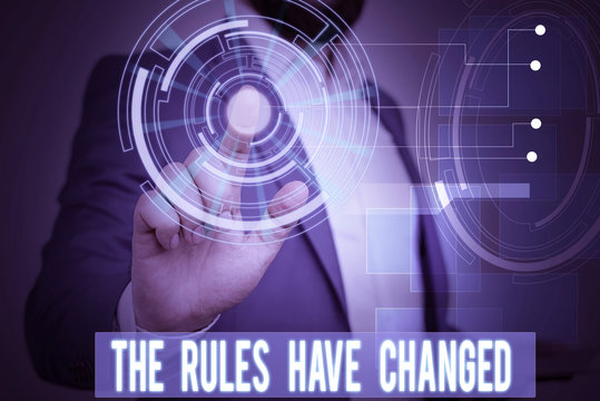 Handwriting text writing The Rules Have Changed. Conceptual photo the agreement or Policy has a new set of comanalysisds Male human wear formal work suit presenting presentation using smart device