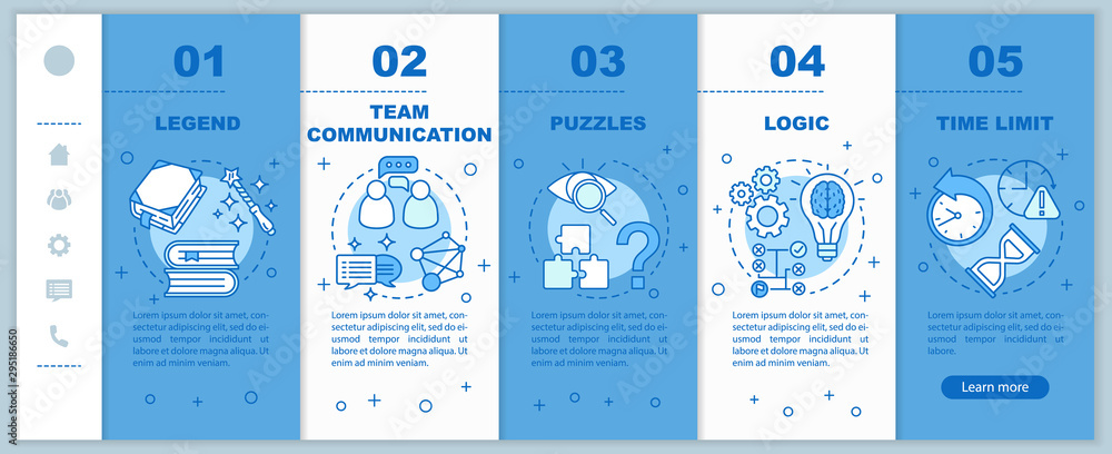 Aufkleber escape room blue onboarding mobile web pages vector template. quest game. responsive smartphone webs