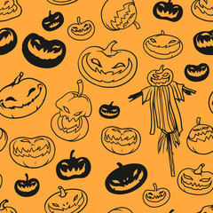 Halloween vintage pumpkins black outlines on orange background seamless pattern