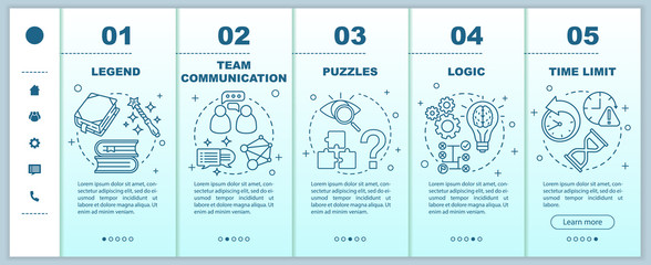 Escape room blue onboarding mobile web pages vector template. Quest game. Responsive smartphone website interface idea with linear illustrations. Webpage walkthrough step screens. Color concept