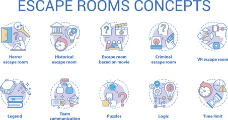 Escape room concept icons set. Quest types idea thin line illustration. Strategy game collection. Puzzles and riddles solving pack. Vector isolated outline drawing. Editable stroke