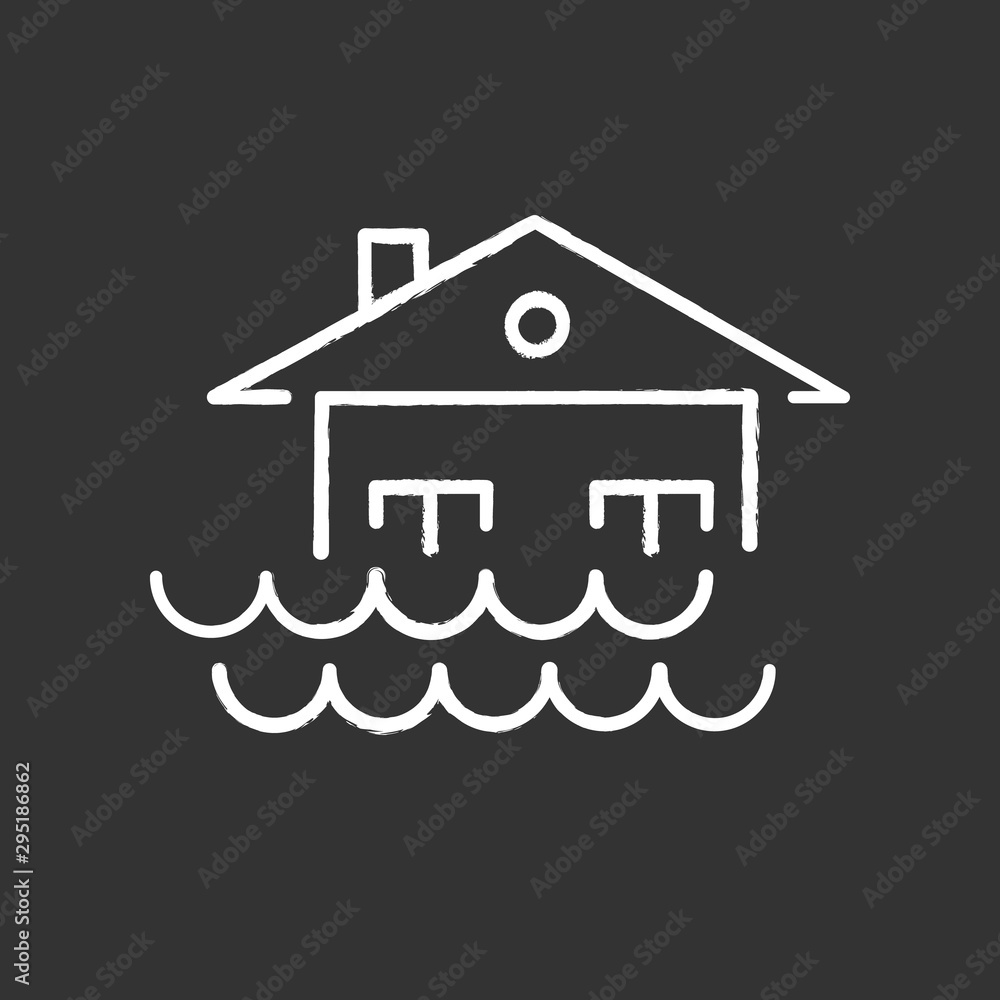 Poster Flood chalk icon. Overflow of water. Sinking house. Submerged building. Flooding locality. Sea level rise. Natural disaster. Isolated vector chalkboard illustration