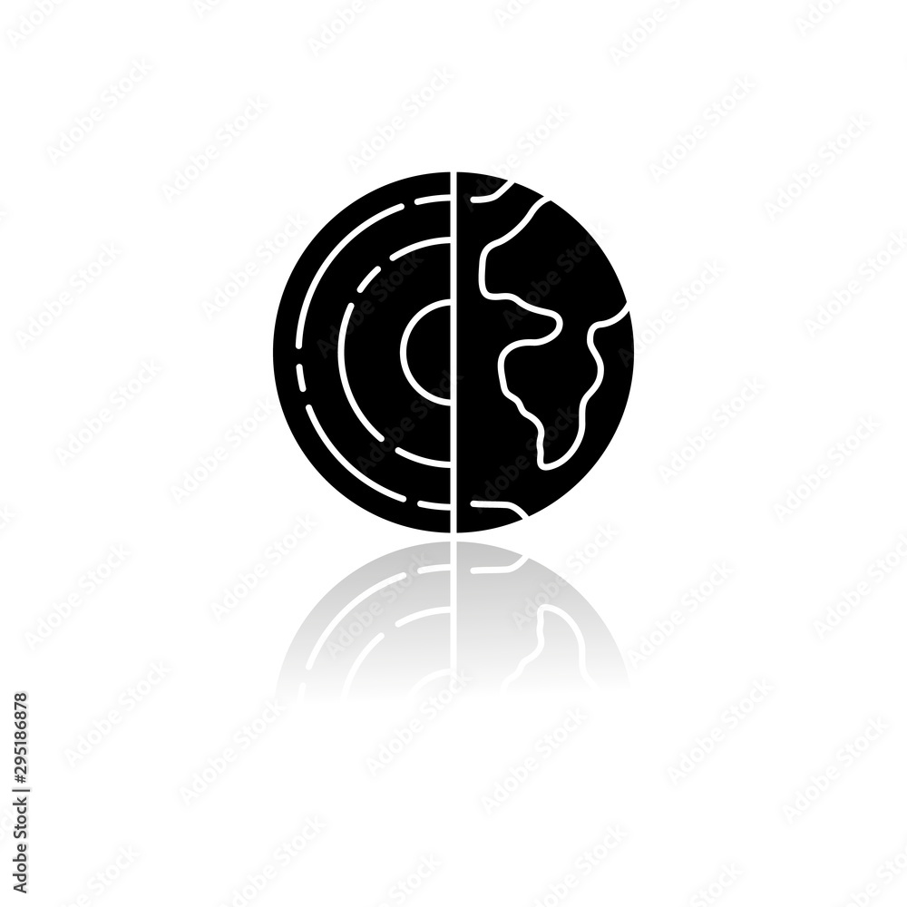 Poster geophysics drop shadow black glyph icon. study of earth crust and core. physics branch. inner struct