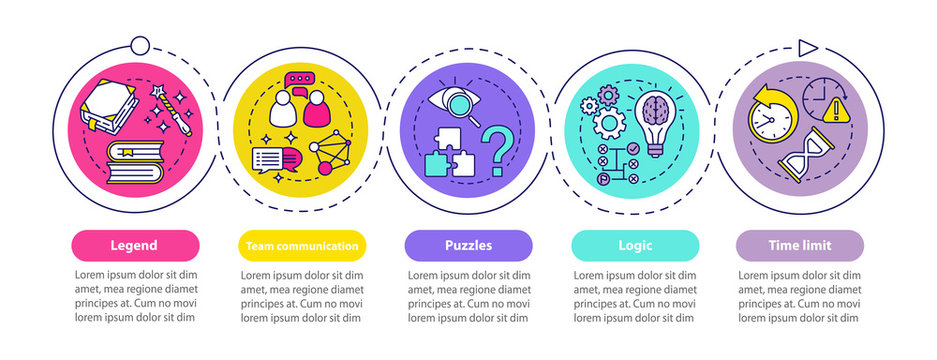 Escape room vector infographic template. Quest game. Business presentation design elements. Data visualization with five steps and options. Process timeline chart. Workflow layout with linear icons