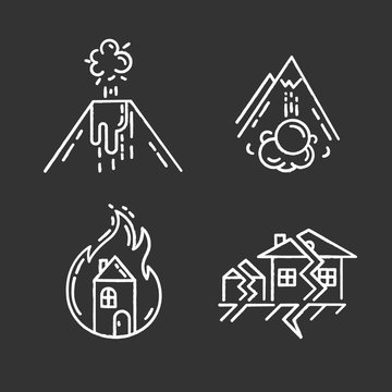 Natural disaster chalk icons set. Destructive force of Earth. Volcanic eruption, earthquake, fire, avalanche. Insurance case. Emergency management. Isolated vector chalkboard illustrations
