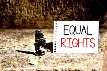 Word writing text Equal Rights. Business photo showcasing Equality before the law when all showing have the same rights Bronze Knight Chessman Blank Spiral Notepad Sheet Folded in Half Dry Leaves