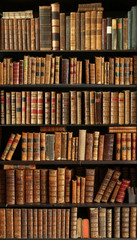 old books on wooden shelf