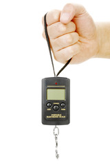 Portable electronic scale in hand isolated on a white background