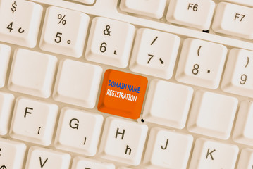 Text sign showing Domain Name Registration. Business photo showcasing Own an IP Address Identify a...