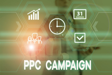 Fototapeta premium Conceptual hand writing showing Ppc Campaign. Concept meaning use PPC in order to promote their products and services Woman wear work suit presenting presentation smart device