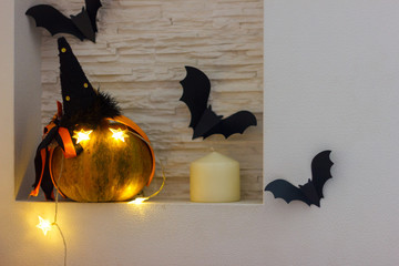 Halloween pumpkins, bats, candles and the lanterns
