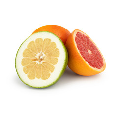 A group of green and orange grapefruit / pomelo is cut into pieces with juicy yellow and red pulp Isolated on a white background. Side view.