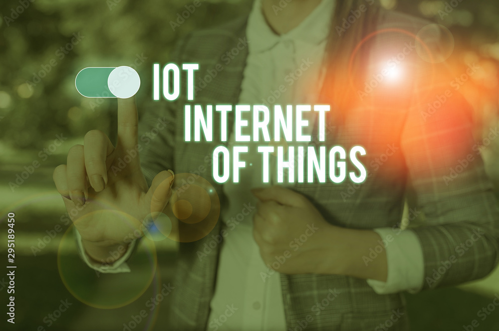 Poster text sign showing iot internet of things. business photo showcasing network of physical devices send