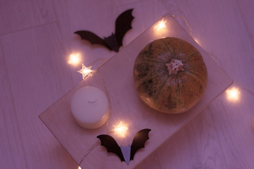 Halloween pumpkins, bats, candles and the lanterns