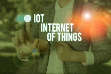 Text sign showing Iot Internet Of Things. Business photo showcasing Network of Physical Devices send and receive Data Woman wear formal work suit presenting presentation using smart device