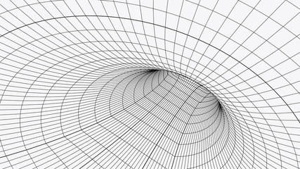 Obraz premium Szkieletowy tunel 3D. Perspektywa tekstura tło siatki. Siatkowy model tunelu czasoprzestrzennego. Ilustracji wektorowych.