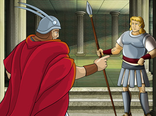 cartoon scene with roman or greek warrior ancient character near some ancient building like temple illustration for children