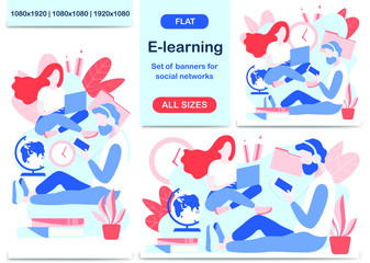 Set of banners for social networks. Template for creative flyer or post on the topic E-learning. All sizes of posts for a social media: square, rectangle, story. Vector illustration. 