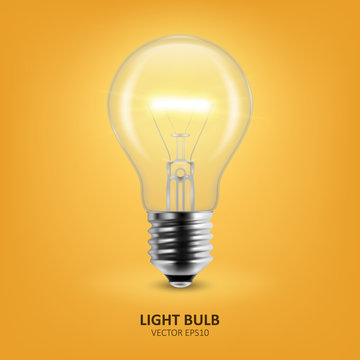 Vector 3d Realistic Turning On Light Bulb Icon Closeup on Yellow Background. Design Template, Clipart. Glowing Incandescent Filament Lamps. Creativity Idea, Business Innovation Concept